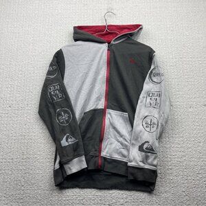 Y2K Quiksilver Surf Wear Full Zip Hoodie Youth Sz L (16-18) Grey Sleeve Print